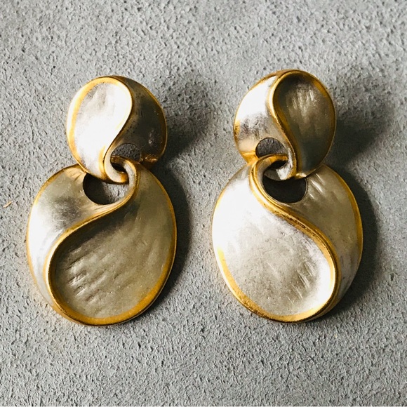 Vintage SIGNED P.E. MCM Costume Gold & Silver Tone Geometric Shape Drop Earrings - Picture 10 of 10